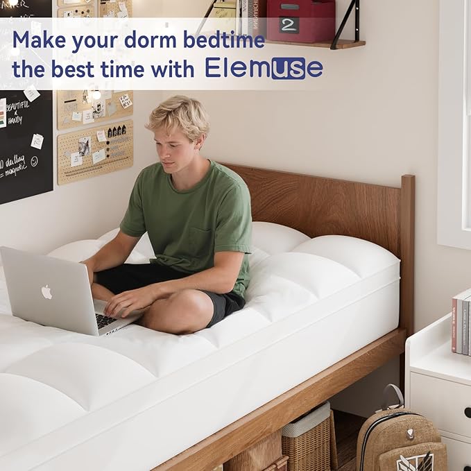ELEMUSE Twin XL Mattress Topper for College Dorm, Thick Extra Long Twin Mattress Pad Cover for Back Pain, Plush Soft Pillowtop with Elastic Deep Pocket, Overfilled Down Alternative Filling