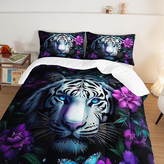 Wild Animal Themed Comforter Set Queen Size,White Leopard Floral Print Bedding Sets for Kids Teens Room Decor,Gothic Bedding All Season with 2 Pillowcases.