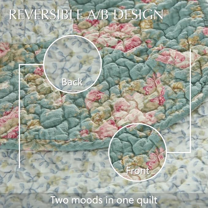 Cotton Bedspread Quilt Bedding Sets, 3 Pieces Reversible Coverlets Comforters Star with Red Floral Real Patchwork Bedspread, King Size