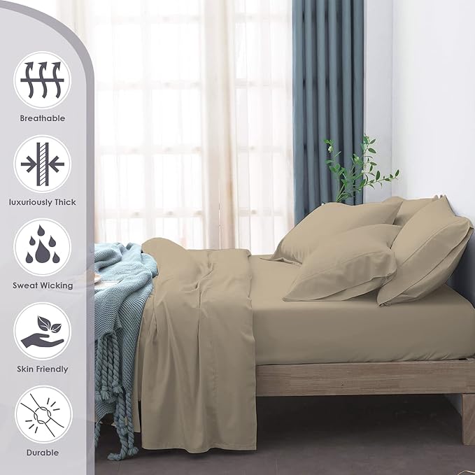 Pizuna Pure 100% Cotton Queen Size Sheet Set Simply Taupe, 800 Thread Count 100% Long Staple Cotton Sateen Queen Sheet Set with 15" Deep 2 Extra Pillowcases (Combed Cotton Bed Sheet Set)