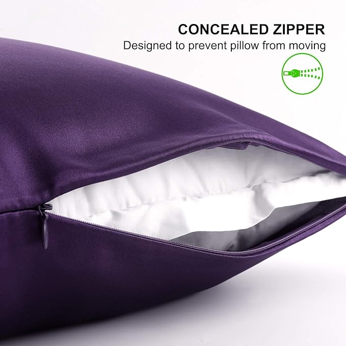 ALASKA BEAR Silk Pillowcase for Hair and Skin, Set of 2 Pure Genuine 22 Momme Mulberry Silk Pillow Cases King Size for Bliss Sleep Better Than Poly Satin, Zipper Closure(2pc, Dark Purple)