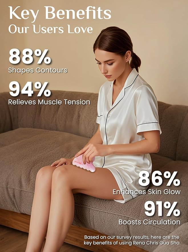 Rena Chris Body Gua Sha Tools, Natural Rose Quartz Jade Guasha Tool, Manual Massage Sticks for Jawline Sculpting and Puffiness Reducing, Whole Body Skin Care Massager (Pink)