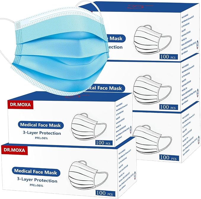 DR.MOXA 500 Pack Disposable Medical Face Masks (5 Boxes, 100pcs/Box) -3 Ply Face Mask for Adults Blue