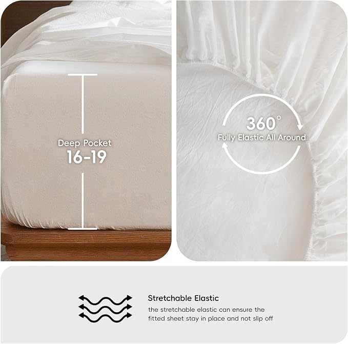 MooMee Bedding Sheet Set 100% Washed Cotton Linen Like Textured Breathable Durable Soft Comfy (Solid Off White, California King)
