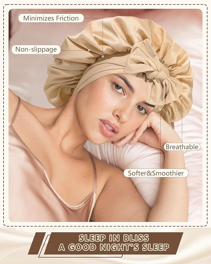 AWAYTR Women Satin Bonnet for Sleeping - Double Layer Silk Hair Bonnet with Elastic Tie Band for Braids Curly Hair