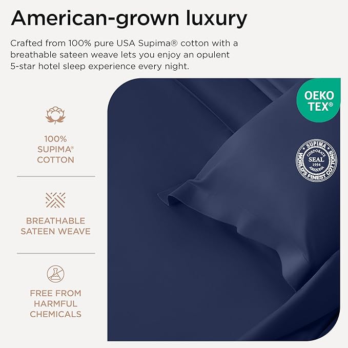 Threadmill Twin Sheet Set |656 Thread Count 100% Supima Cotton Sheets for Twin Mattress |Solid Sateen Twin Bed Sheets Set | 16” Deep Pocket | Soft Breathable 3-Piece Cooling Sheet Set | Folkstone Blue
