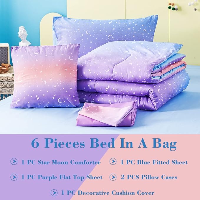 URBONUR Twin Comforter Set for Girls 6Pcs Bed in a Bag Gradient Purple Orange Blue Moon Stars Comforters Soft Lightweight Kids Bedding Set for All Season (Star, Twin Size)