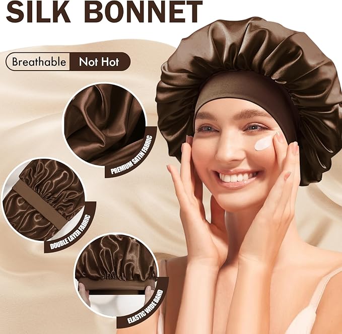 Satin Silk Bonnet for Sleeping, Double Layer Silk Sleep Cap for Men & Women, Soft Satin Lined Bonnet for Curly Hair