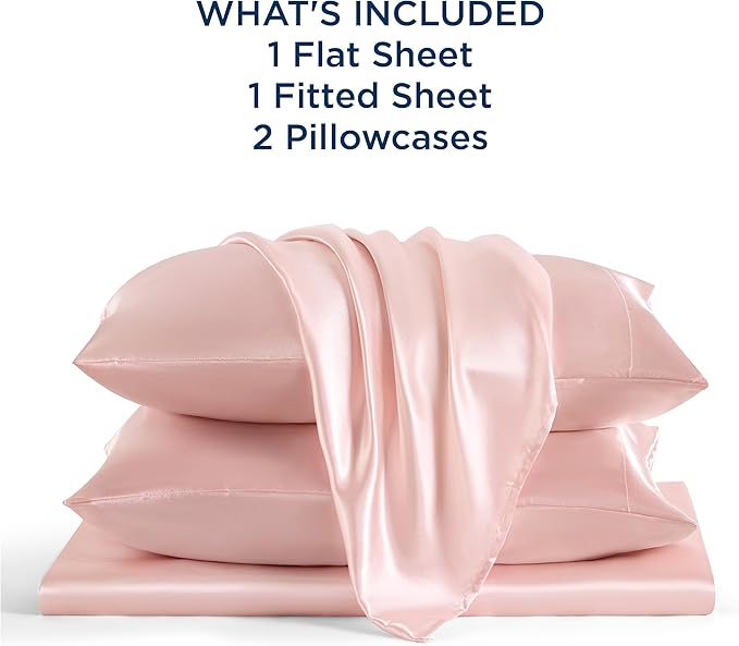 Bedsure Pink Satin Sheets King Size - 4 Piece Silky Bedsheets with 15 Inches Deep Pocket Fitted Bedsheet,1 Flat Sheet, 2 Satin Pillowcases, Good for Hair & Skin (King, Pink)