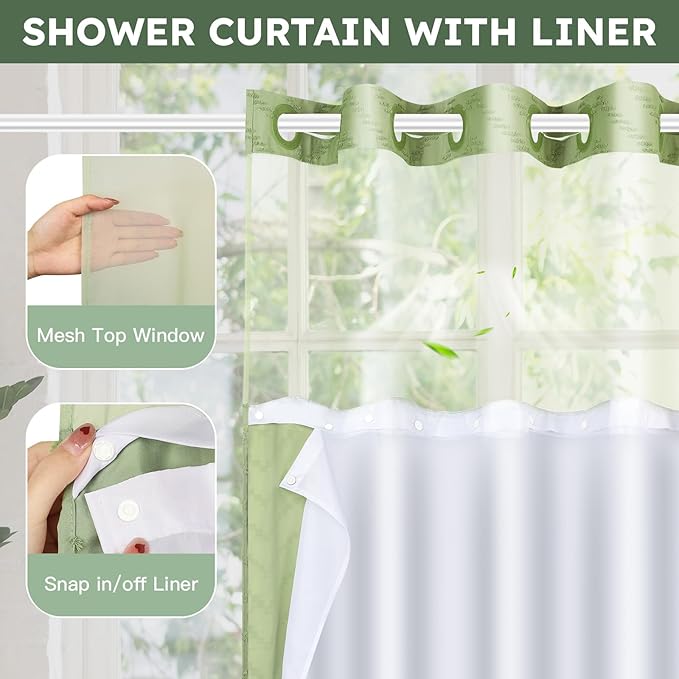 No Hook Shower Curtain and Snap in Liner Set Sage Green Tufted Chevron Striped Cloth Waterproof Washable Fabric Boho Bath Curtain with See Through Mesh Top Window for Bathroom Hotel 71" x 74"