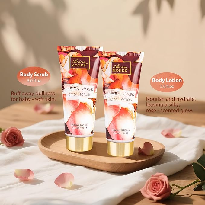 Fresh Rose Spa Gift Set for Women, 8-Piece Relaxing Bath Set with Shower Gel, Bubble Bath, Body Lotion, Self Care Gift for Any Occasion, Birthday Gifts for Women, Spa Kit for Mom Gifts