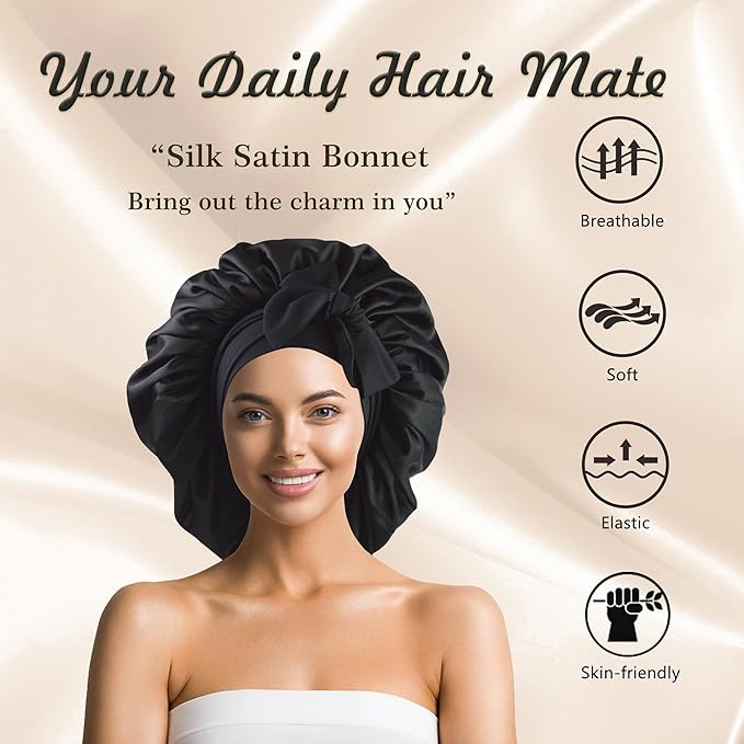 Silk Bonnet for Sleeping Women Satin Bonnet Double Layer Night Sleep Cap with Elastic Tie Band for Curly Natural Hair