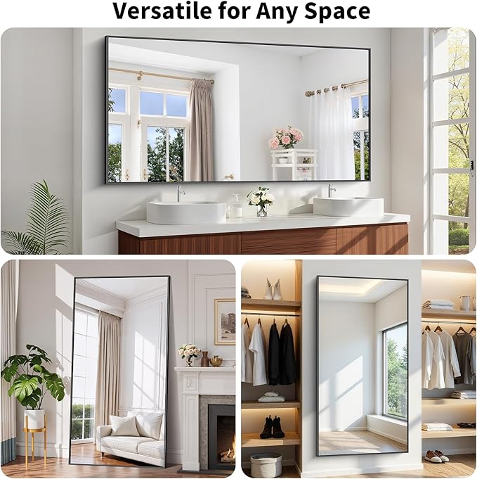 Koonmi Black Framed Bathroom Mirror - Shatterproof 36"x71" Tempered Glass, HD No Distortion, Horizontal/Vertical Mount, Modern Matte Aluminum Alloy Frame