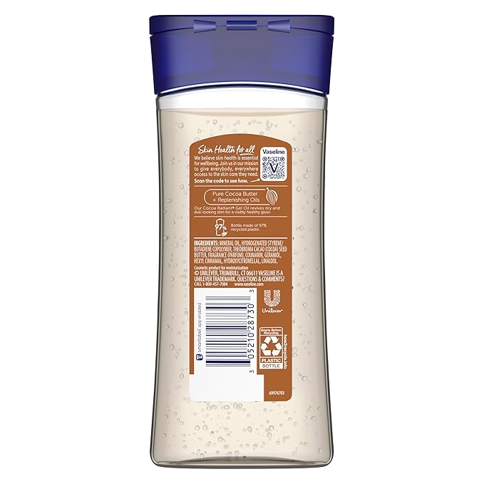 Vaseline Intensive Care Cocoa Radiant for Glowing Skin Body Gel Oil Made with Pure Cocoa Butter + Replenishing Oils 6.8 oz
