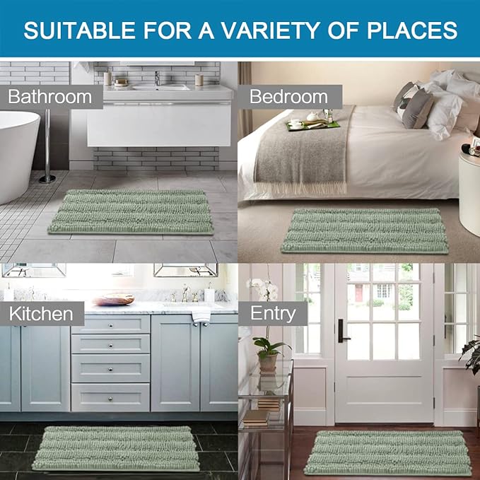 H.VERSAILTEX Bath Rugs for Bathroom Non Slip Bath Mats Extra Thick Chenille Striped Rug 20" x 32" Absorbent Non Skid Fluffy Soft Shaggy Washable Dry Fast Plush Mat for Indoor, Bath Room, Tub - Sage