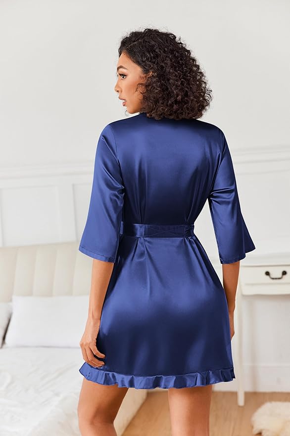 Ekouaer Women's Satin Robes Silk Kimono Bath Robe Short Ruffled Hem Bride Bridesmaid Sleepwear with Pockets
