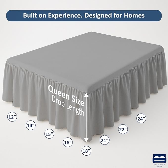 Cottingon Bed Skirt Queen 18" Drop with Split Corners, 100% Microfiber Soft and Stylish, Dust Ruffle with Platform, Light Grey