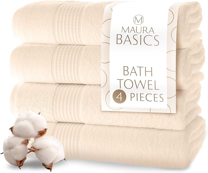 MAURA Basics Performance Bath Towels 100% Turkish Cotton with Hook Loops. Extra Large Luxury Absorbent Plush Towel Sets for Bathroom, Daily Use American Standard Size 27”x54”, Cream