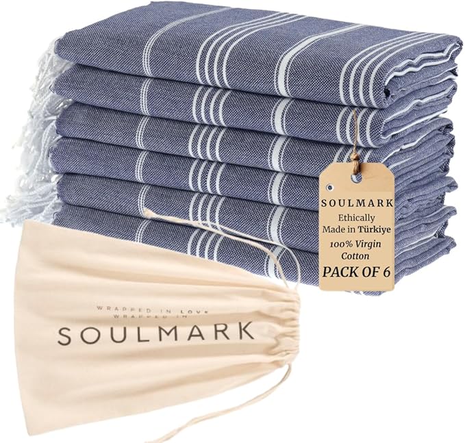 SOULMARK 100% Cotton Turkish Beach Towel with Bag - 38"x71" - 6 Pack - Made in Green & Oeko TEX Certified - Pre-Washed & Sand Free - Quick Dry and Lightweight for Travel - Made in Turkey - Navy Blue