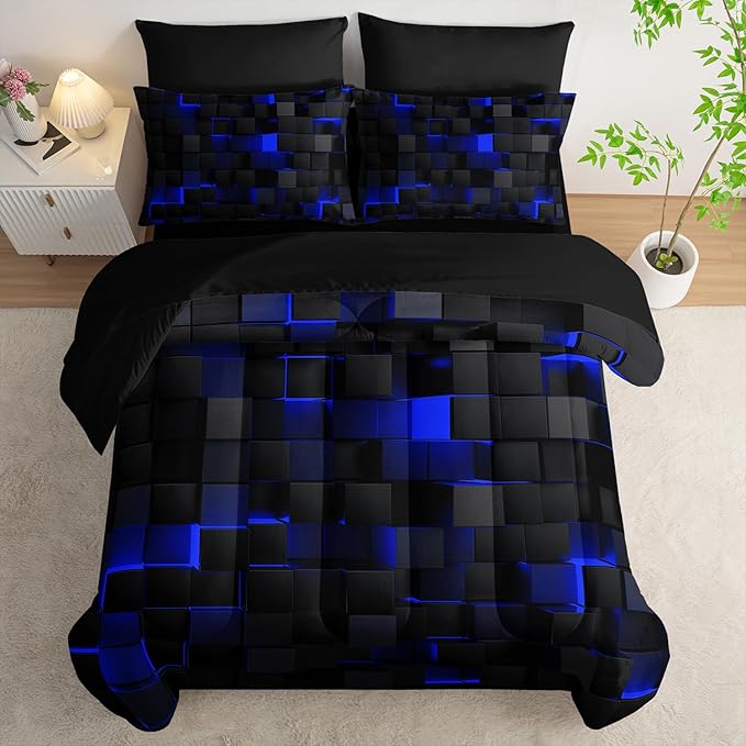 Twin Size Comforter Set 7 Piece - Black and Blue Modern Bedding, 3D Cube Design, Soft Microfiber, Gamer Bed Set, All Season