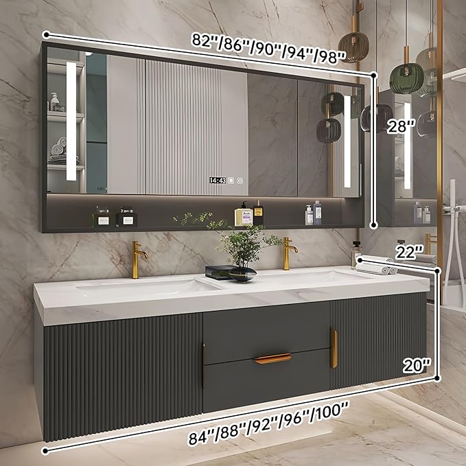 Bathroom Vanity with Double Sink, Modern Bathroom Vanities Compo Includes LED Smart Defogging Mirror Cabinet and Open Shelf, Solid Wood Bathroom Sink Vanity with Slate Countertop (Dark Grey,92")