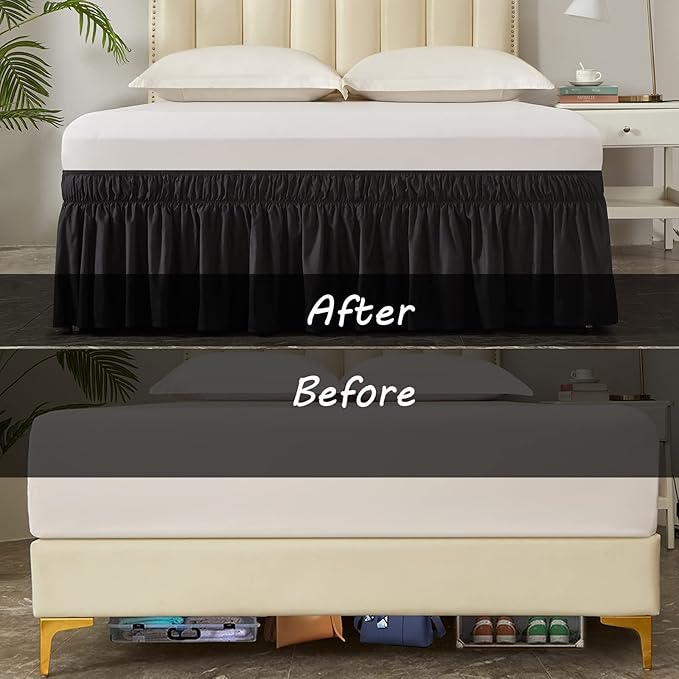 MEILA Wrap Around Bed Skirt Three Fabric Sides Elastic Dust Ruffled 24 Inch Tailored Drop,Easy to Install Fade Resistant-Black, Queen/King