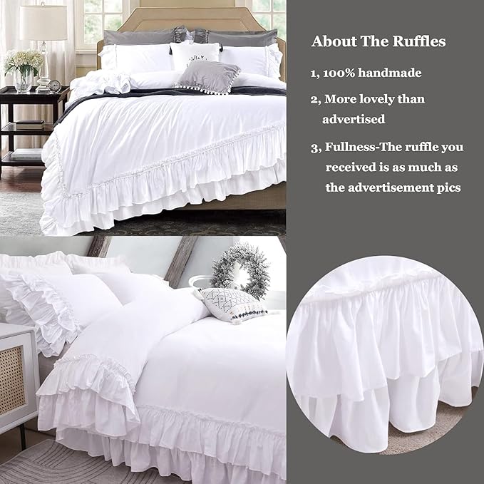 QSH Ruffle White Duvet Cover California King Size- Washed Cotton Shabby Farmhouse Chic Ruffled Bedding 3pcs(1 Soft Cotton Duvet Cover +2 Ruffle Pillowshams) Aesthetic French Country Calking Bed