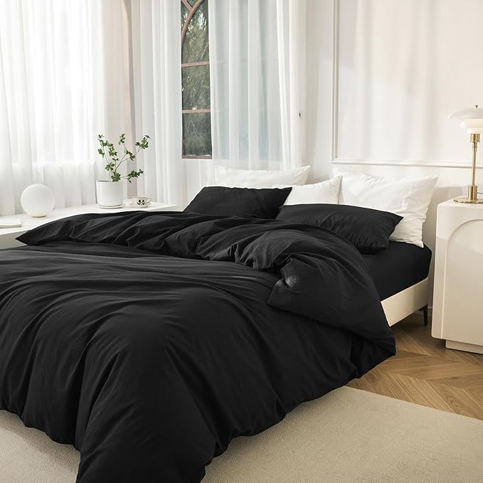 JIYUAN 100% Washed Cotton Duvet Cover Set 3 Pieces Super Queen, 1 Duvet Cover 90x98 Inches(Comforter Not Included) and 2 Pillowcases,Linen Feel Bedding Set Comfy and Breathable,Black