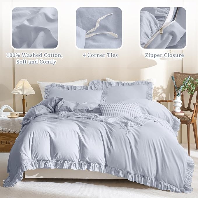 QSH Ruffle Duvet Cover Queen Size Washed Cotton,3pc Linen Feel Farmhouse Shabby Vintage Ruffled Bedding Set French Country Rustic Cornflower Blue Comforter Cover Aesthetic Soft Quilt Cover Set