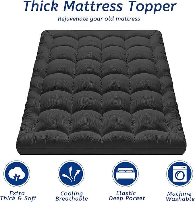 Twin Size Mattress Topper for Back Pain, Cooling Extra Thick Mattress Pad Cover with 8-21 inch Deep Pocket, Plush Pillow Top Mattress Topper Overfilled with Down Alternative, Twin Size, Black