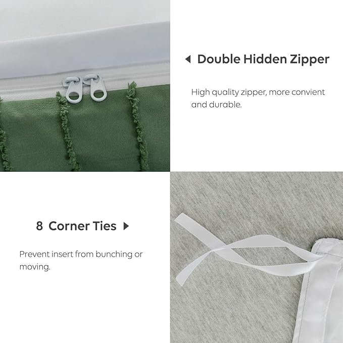 JELLYMONI Duvet Cover Queen Size Green and White - 3PCS Boho Striped Duvet Cover Set Polyester Tufted Bohemian Textured Comforter Cover with Corner Ties & Zipper Closure