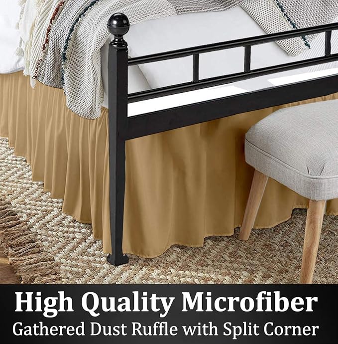 Ruffled Bed Skirt with Split Corners, Taupe, Queen 14 Inch Drop Bedskirt, Hotel Quality Brushed Microfiber Wrinkle Free Dust Ruffle Bed Skirt Queen Size
