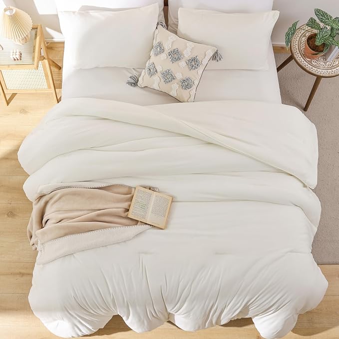 ROSGONIA Comforter Full Size for Girls Boys Teens Ivory, 3pcs (1 Boho Comforter & 2 Pillowcases) Soft Lightweight Dorm Bedding All Season Bed Set