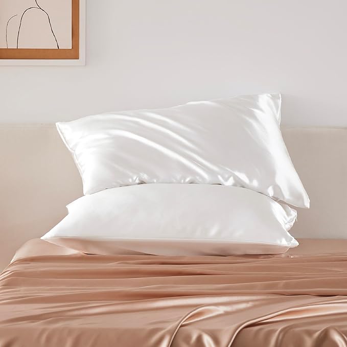 Bedsure Satin Pillowcase with Zipper, Similar to Silk Pillow Cases 2 Pack, Silky & Soft Satin Pillow Cases Standard Size for Hair and Skin, Ivory Pillow Covers, Gifts for Women Men, 20x26 Inches