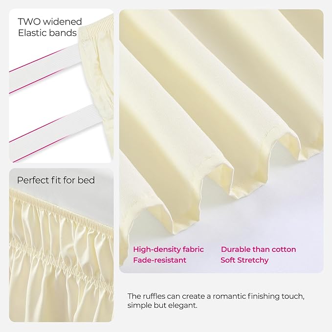 RIMELA Cream Yellow Bed Skirt Queen Size 15 Inch Drop, Elastic Bed Skirting for Bed Base and Frame, Bedding Dust Ruffle Easy to Install, Lightweight Comforter Set with Wrap Around Adjustable Bedskirt