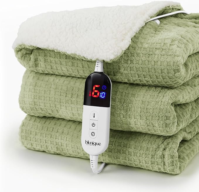 Heated Blanket Electric Blanket Twin Waffle, 62x84 Inches Sherpa Fleece Fast Heating Blanket 6 Heating Levels & 10 Hours Auto Off ETL Certification, Sage Twin