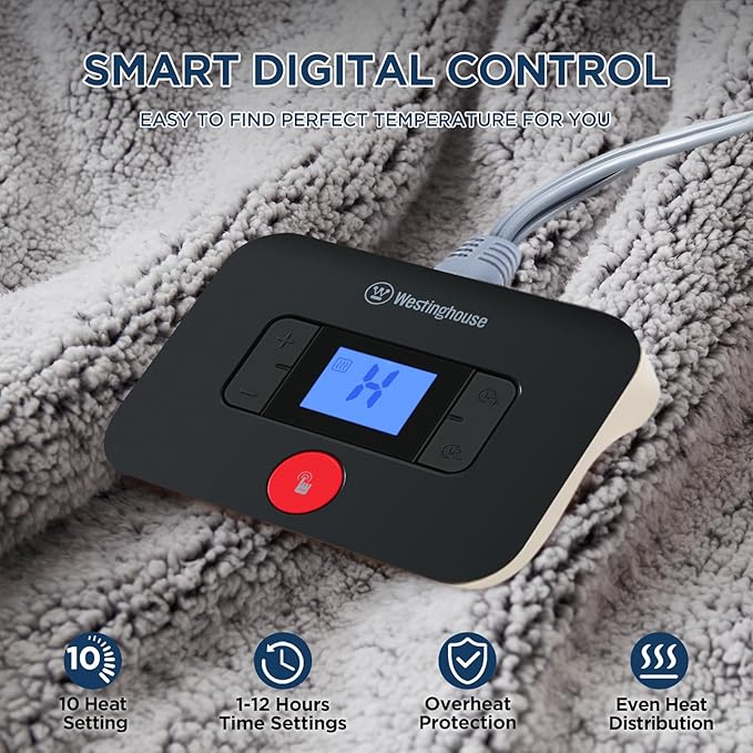 Westinghouse Electric Blanket Twin Size, Soft Plush Sherpa Heated Blanket with 10 Heating Levels & 1-12 Hours Auto-Off, Machine Washable, 62x84 inches, Charcoal