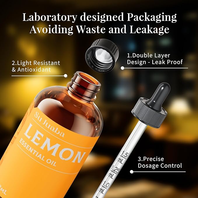 SU JUABA Lemon Essential Oil 4 Fl Oz, 100% Pure Natural for Cleaning, Diffuser, Skin Care, Aromatherapy- 118ML