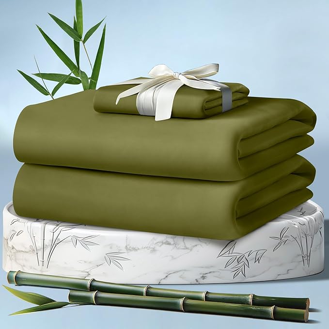 DECOLURE 100% Viscose Derived from Bamboo Sheets Twin Size 3pcs - Ultra Soft & Luxuriously Cooling, 17" Deep Pocket, Double Stitching, Perfect for Hot Sleepers - Twin Bed Sheets (Light Olive)