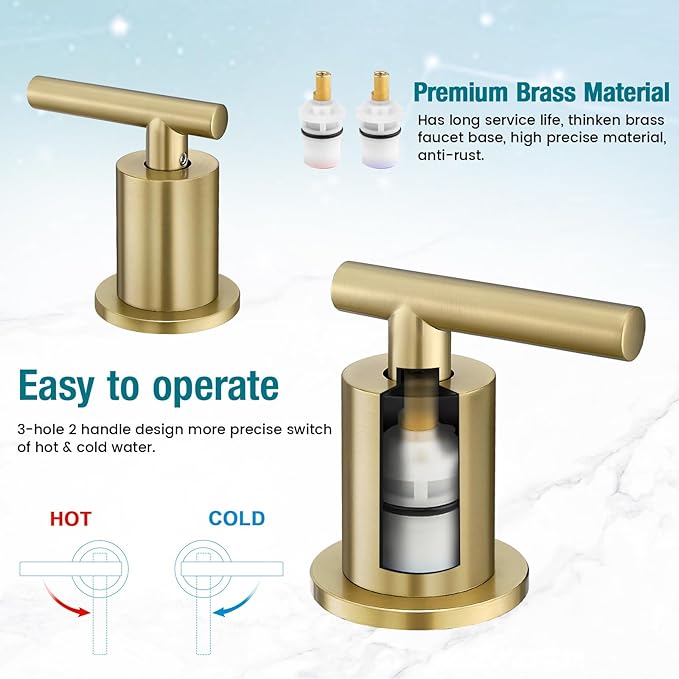 Bathroom Faucet 3 Hole, 8 Inch Widespread with Pop-up Drain, 2 Handle Sink Faucet, Modern Vanity Faucet for Bathroom Sink with 360° Swivel Spout Brushed Gold