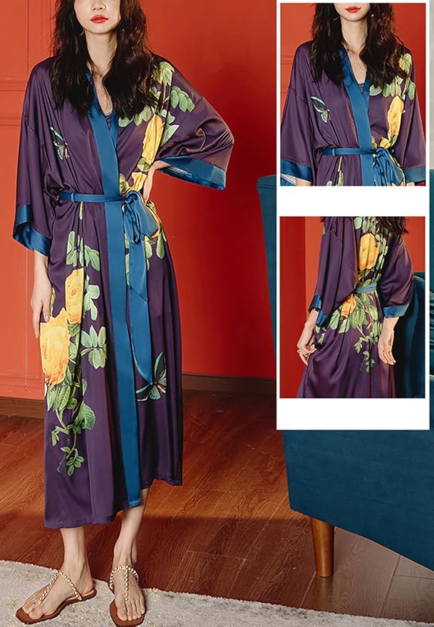 Silk Satin Robe for Women Long Japanese Kimono Robe Lightweight Soft Bathrobe Floral Luxury Dressing Gown