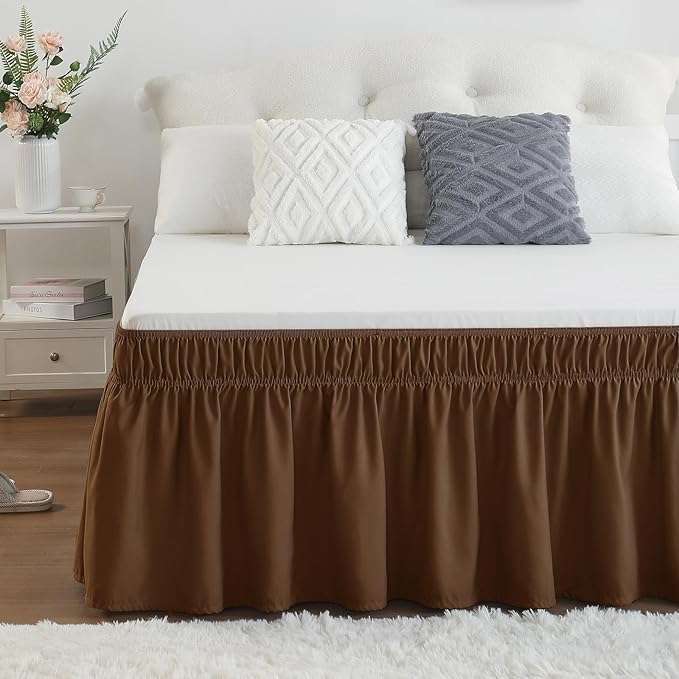RIMELA Bed Skirt Full Size 15 Inch Drop, Elastic Bed Skirting for Bed Base and Frame, Bedding Dust Ruffle Easy to Install, Lightweight Wrap Around Adjustable Bedskirt, Brown