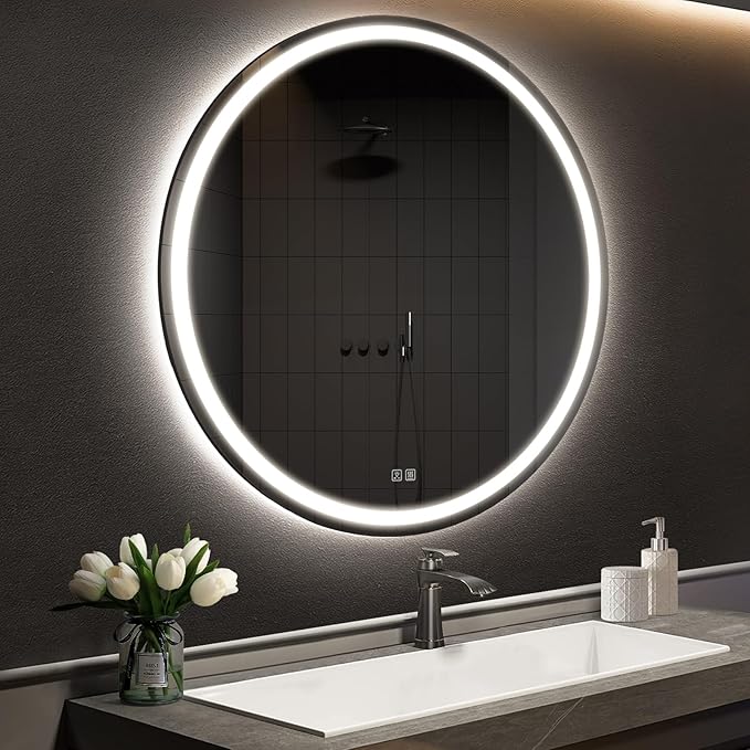 APRILSOUL 36 Inch Round LED Bathroom Mirror with Lights, Makeup Mirror with Front and Backlit, Anti-Fog, 3 Colors and Dimmable Light