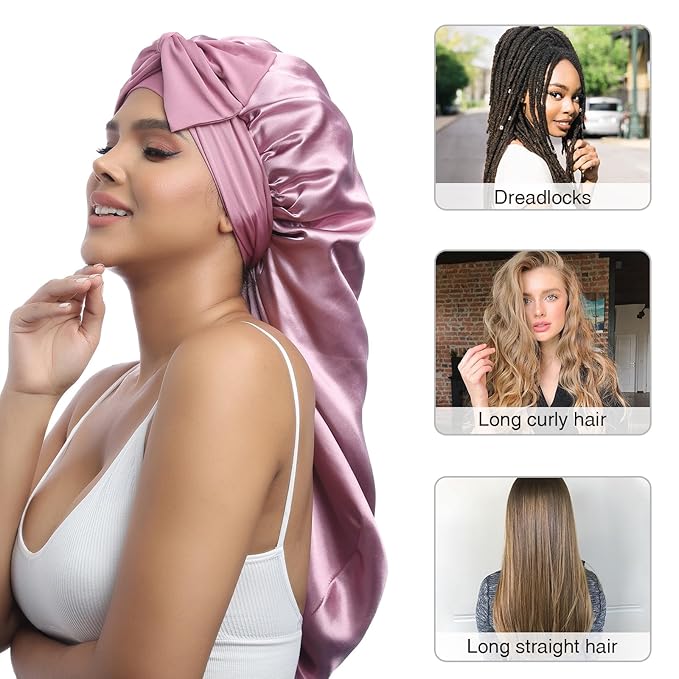 AWAYTR Long Satin Bonnet for Women - Double Layer Elastic Silk Bonnet for Braids Hair Sleeping Cap with Tie Band (Rose Gold)