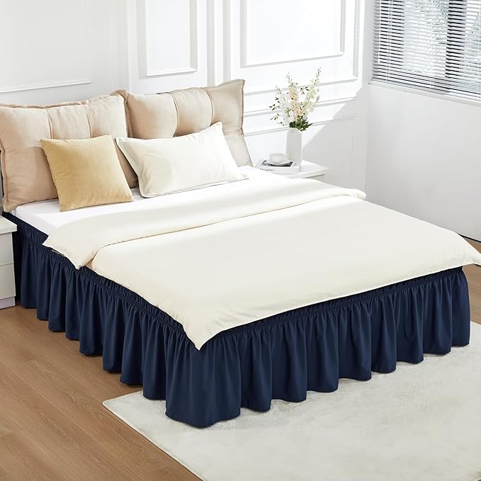 RIMELA Navy Blue Bed Skirt King Size 15 Inch Drop, Elastic Bed Skirting for Bed Base and Frame, Bedding Dust Ruffle Easy to Install, Lightweight Wrap Around Adjustable Bedskirt
