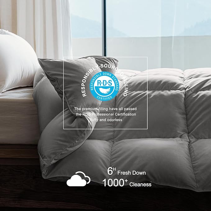 Royoliving Premium Feathers Down Duvet Insert Comforter King Size Gray All Season Medium Warmth Winter Grey 100% Cotton Cover with Corner Tabs (106x90, 60 oz)