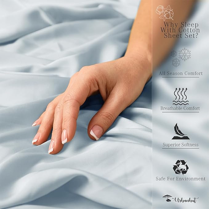 URBANHUT 1000 Thread Count California King Sheet Set Egyptian Cotton, Long Staple Soft & Breathable, 4 Pc Bed Sheet Sets, Luxury Hotel Sateen Sheets Fits 16" Deep Pocket - Light Blue