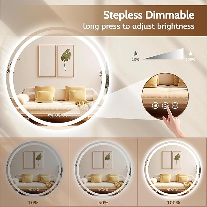 Round LED Bathroom Mirror with Lights, Backlit & Front Lighted, Wall-Mounted Vanity Mirror 3000K/4000K/6000K, Memory Functions, Anti-Fog, Dimmable Smart Mirror (Round 28" x 28")
