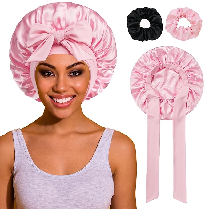 Bonnet with Tie Band, Satin Hair Silk Bonnet for Sleeping Women, Sleep Bonnets for Women, Double Layer Sleep Cap for Curly Hair Braids