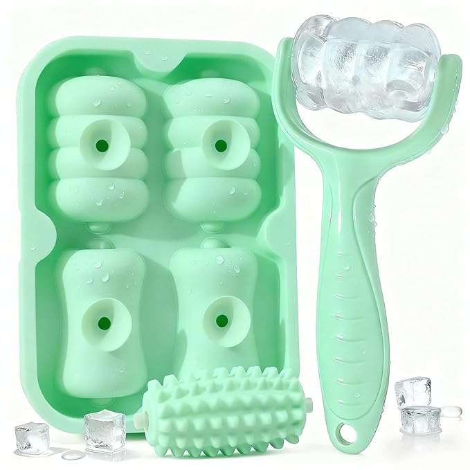 Ice Roller for Face Women Replaceble Rollers + Reusable 2 in 1 Silicone Facial Eyes Ice Cube Mold Set, Body Message Stick Holder for Reduce Puffiness Relief Shrink Pores Anti Wrinkle Skin Care, Green